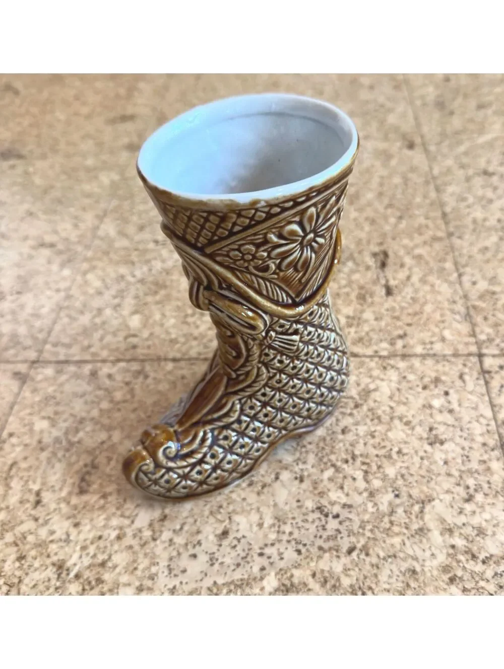 Vintage Brown Ceramic Folk Art Boot Vase Planter Embossed Art Pottery 7
